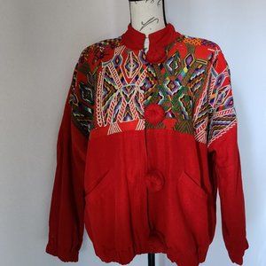 Lynette Baker Mayan Collection Handcrafted Embroidered Bomber Jacket Red Cotton
